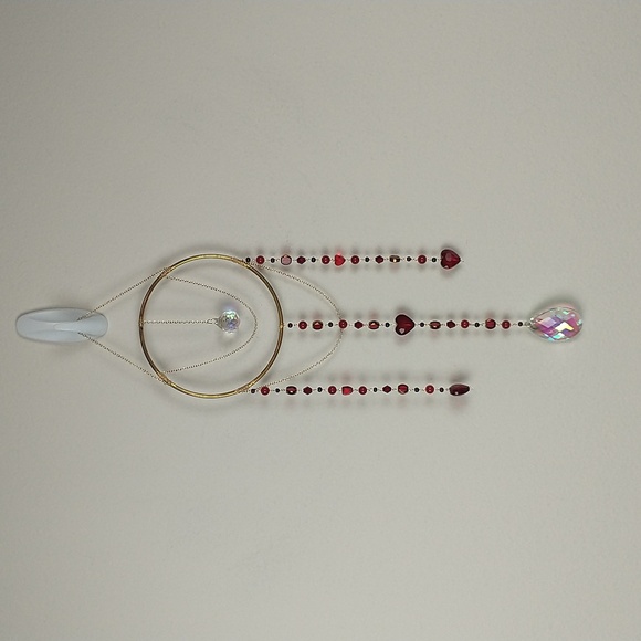 Handmade Suncatcher Red Burgundy Beaded Heart Boho Window Art Garden Hippe - Picture 1 of 6